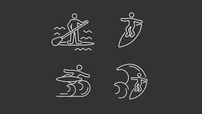 Water sport animation library. Beach activity animated white line icons. Summer vacation. Ocean waves. Outdoor leisure. Isolated illustrations on dark background. Transition alpha. HD video. Icon pack