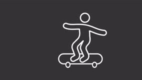 Skateboarder white animated icon. Teenage culture line animation. Healthy lifestyle. Summer fun. Youth sports. Isolated illustration on dark background. Transition alpha video. Motion graphic