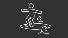 Noseriding white line animation. Surfer standing on surfboard nose animated icon. Balance activity. Extreme trick. Isolated illustration on dark background. Transition alpha video. Motion graphic