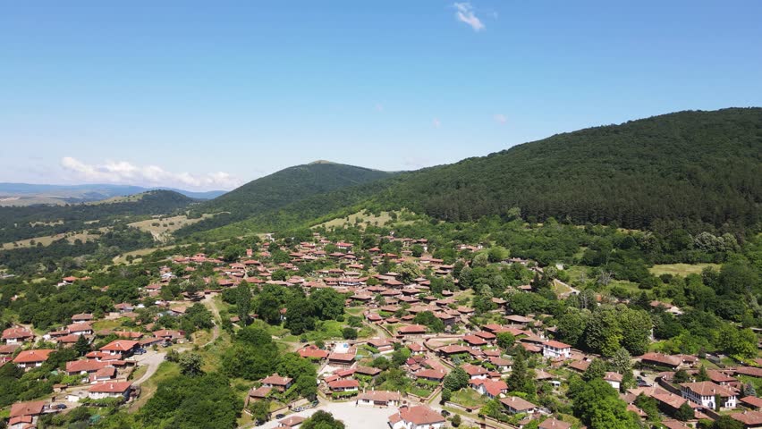 Aerial view of village of Zheravna with nineteenth century houses, Sliven Region, Bulgaria
