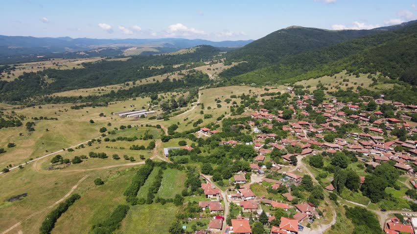 Aerial view of village of Zheravna with nineteenth century houses, Sliven Region, Bulgaria