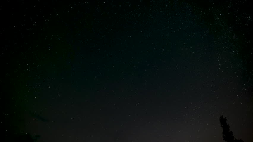 Time lapse of comet-shaped star trails over the forest in the night sky. Stars move around a polar star. Ultra 4K