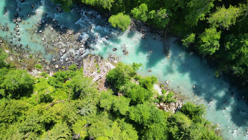 Aerial topdown of Mamquam River, BC, Canada