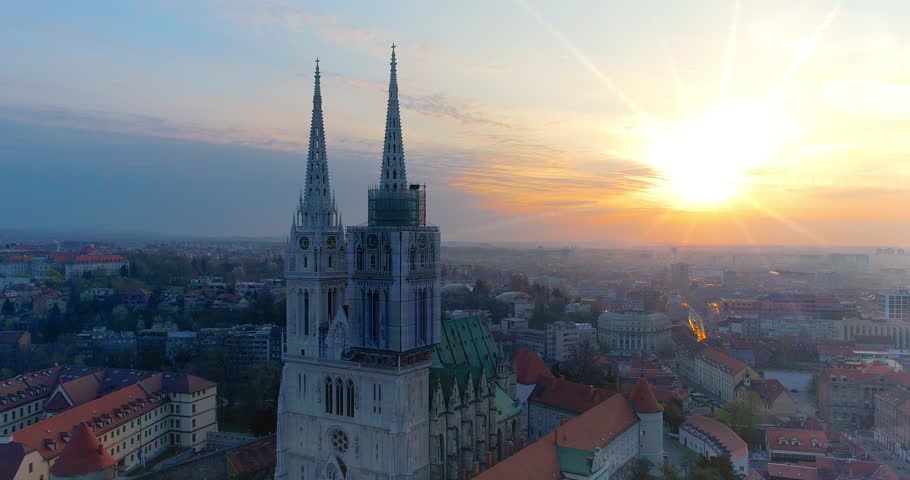 Zagreb skyline aerial view, zagreb cathedral church view at sunset, zagreb croatia.