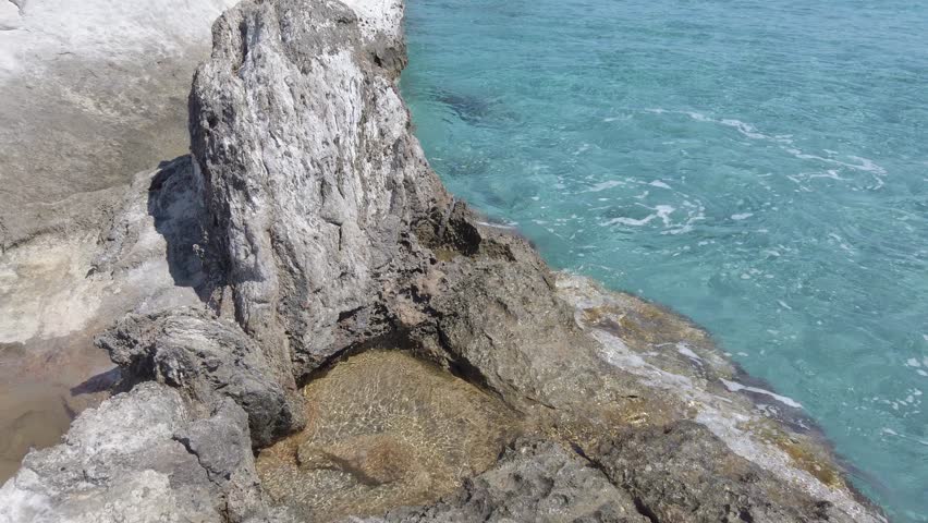 Rocky shore of a fossil forest with petrified trees overlooking the sea. Fascinating tourist place