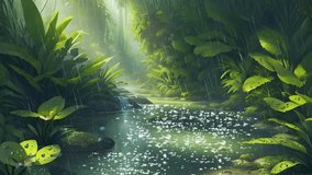 Tropical green nature rainforest with sparkling water and when rain. Cartoon or anime illustration style. seamless looping 4K time-lapse virtual video animation background.