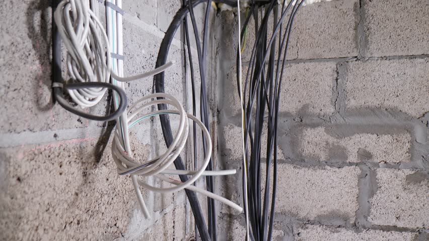 House improvement concept. New electric wiring attached to walls in apartment. Builder making electrics. Wires of electric power system. Dumping cables in new building. Cables hanging from ceiling. 4 Royalty-Free Stock Footage #1107443501