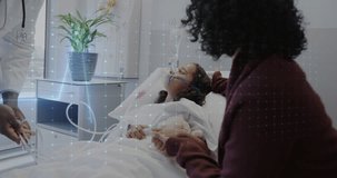 Animation of data processing over biracial girl patient with mother in hospital. Global medicine, computing and data processing concept digitally generated video.