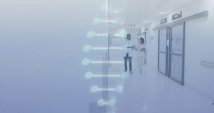 Animation of dna and data processing over diverse doctors in hospital. Global healthcare, science, medicine, research, computing and data processing concept digitally generated video.