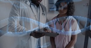 Animation of dna and data processing over diverse doctors in hospital. Global healthcare, science, medicine, research, computing and data processing concept digitally generated video.