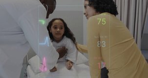 Animation of data processing over african american male doctor with girl patient. Global healthcare, science, medicine, research, computing and data processing concept digitally generated video.