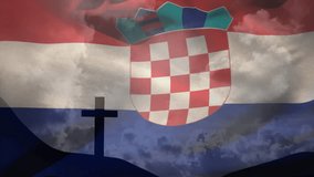 Animation of waving croatia flag against silhouette of a cross on mountain against clouds in the sky. Patriotism, christianity and religion concept - Powered by Shutterstock - Get 15% off with code: PIKWIZARD15