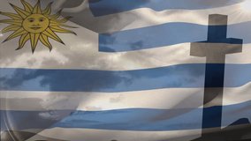 Animation of waving uruguay flag against silhouette of a cross against clouds in the sky. Patriotism, christianity and religion concept - Powered by Shutterstock - Get 15% off with code: PIKWIZARD15