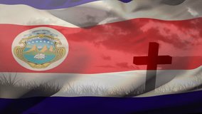Animation of waving costa Rica Flag against silhouette of a cross on grassland against clouds in the sky. Patriotism, christianity and religion concept - Powered by Shutterstock - Get 15% off with code: PIKWIZARD15