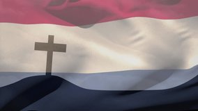 Animation of waving netherlands flag over silhouette of cross on mountain against clouds in the sky. Patriotism, christianity and religion concept - Powered by Shutterstock - Get 15% off with code: PIKWIZARD15