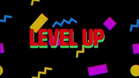 Animation of level up text banner over colorful abstract shapes against black background. Video game interface technology concept - Powered by Shutterstock - Get 15% off with code: PIKWIZARD15