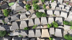 Sasak Sade Lombok Village, view of traditional houses, aerial video