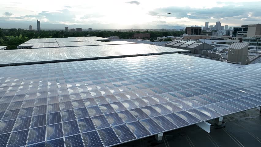 Solar panels on top of parking garage. Aerial glide over wet photovoltaic array with bright sunshine reflection. Skyline of American city in distance.