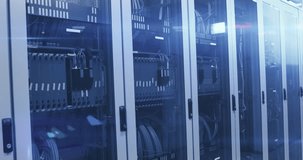 Animation of map and circuit board pattern over lens flares on server racks in server room. Digital composite, multiple exposure, global, data center, networking, technology and network server. - Powered by Shutterstock - Get 15% off with code: PIKWIZARD15