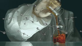 Animation of floating nucleotides over midsection of scientist pouring liquid in beaker. Digital composite, multiple exposure, anatomy, medical, healthcare, profession and technology concept. - Powered by Shutterstock - Get 15% off with code: PIKWIZARD15