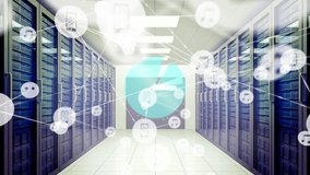 Animation of neon ticking clock and network of digital icons against computer server room. Global networking and business data storage technology concept - Powered by Shutterstock - Get 15% off with code: PIKWIZARD15