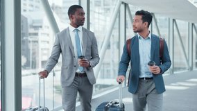 Talking, happy and men with luggage at an airport for travel and communication. Smile, diversity and an Asian man with an African person, suitcase and conversation on a journey for work together - Powered by Shutterstock - Get 15% off with code: PIKWIZARD15