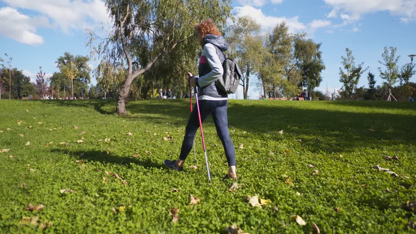 Caucasian thin elderly woman active leisure scandinavian walking with sticks and dachshund dog in city park, sunny weather. Active senior female practicing Nordic walking with poles outdoors with pet. Royalty-Free Stock Footage #1107464183