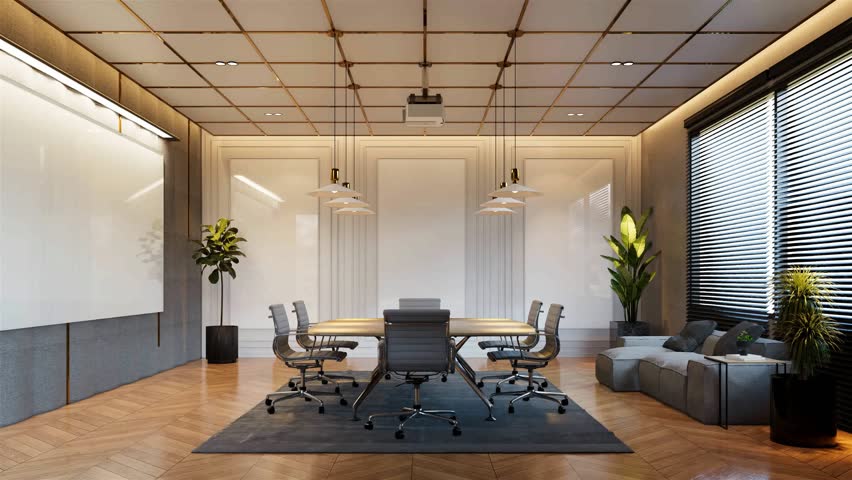 Modern conference interior animation and screens on the wall. The concept of workplace and enterprise. 3d Rendering illustration  Royalty-Free Stock Footage #1107464561
