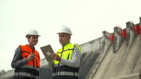 Confident asian two engineers man inspection with in tablet at construction site dam with hydroelectric power plant and irrigation. Team engineer man working at project big building. - Powered by Shutterstock - Get 15% off with code: PIKWIZARD15