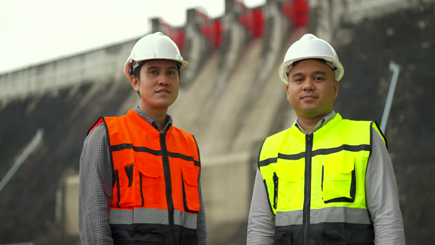 Confident asian two engineers man with safety helmet in construction site dam with hydroelectric power plant and irrigation. team engineer man working at project big building.