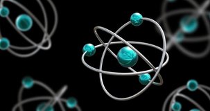 Animation of atom models spinning on black background. Global science, research, connections, computing and data processing concept digitally generated video.