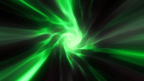 Green hypertunnel spinning speed space tunnel made of twisted swirling energy magic glowing light lines abstract background