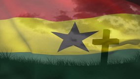 Animation of waving ghana flag against silhouette of a cross on grassland against clouds in sky. Patriotism, christianity and religion concept - Powered by Shutterstock - Get 15% off with code: PIKWIZARD15