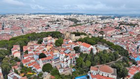 Lisbon: Aerial view of capital city of Portugal, Sao Jorge Castle (Castelo de São Jorge), sunny summer day - landscape panorama of Europe from above