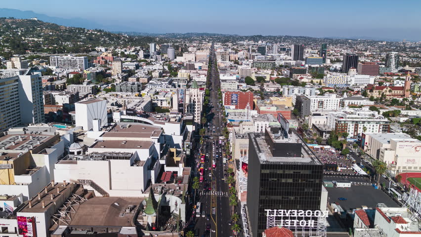Establishing Aerial View Shot of Los Angeles LA CA, L.A. California US, TCL Chinese Theatre, West Hollywood, Walk of Fame, Hollywood Sign, Hollywood Heights, Hollywood BLVD, great establishing