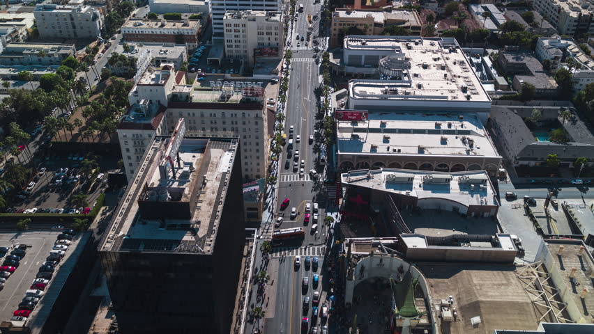Establishing Aerial View Shot of Los Angeles LA CA, L.A. California US, TCL Chinese Theatre, West Hollywood, Walk of Fame, Hollywood Sign, Hollywood Heights, Hollywood BLVD, looking down
