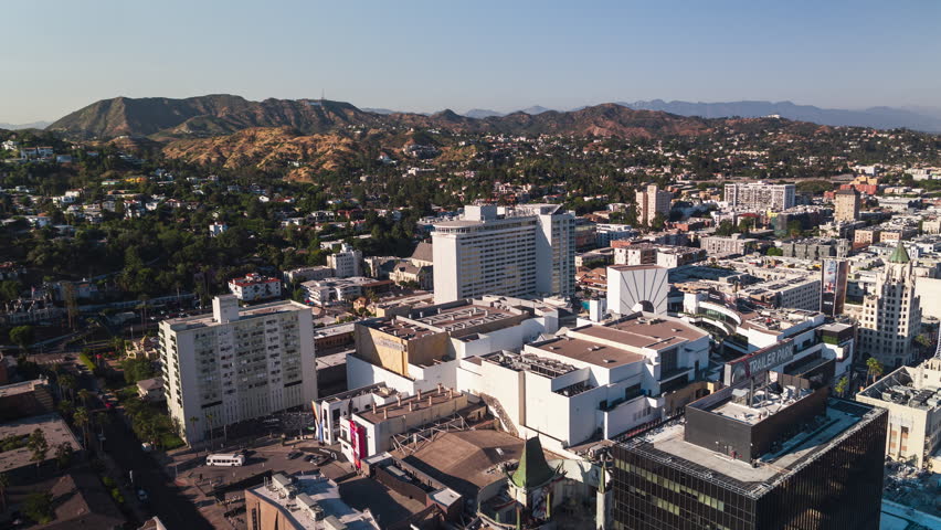 Establishing Aerial View Shot of Los Angeles LA CA, L.A. California US, TCL Chinese Theatre, West Hollywood, Walk of Fame, Hollywood Sign, Hollywood Heights, Hollywood BLVD, circling right, epic view