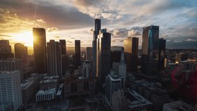 Establishing Aerial View Shot of Los Angeles LA CA, L.A. California US, Downtown LA, DTLA, jaw dropping sunset, rays of sun, super wide cinematic, circling right part 1
