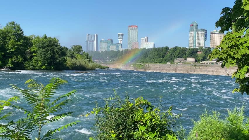 A rainbow in front of fast moving water rapids behind the Niagara Falls that feed the falls.