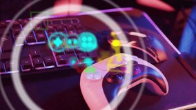 Animation of neon icons over video game computer equipment. Global video game, digital interface, data processing and connections concept digitally generated video. - Powered by Shutterstock - Get 15% off with code: PIKWIZARD15