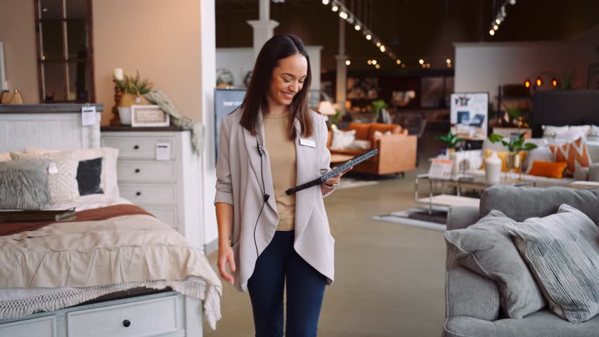 A Young Professional Mom Well Dressed Female Manager Sales Business Woman Walks Towards the Camera Smiling Glancing Down Happy at Work Tablet Technology Tracking Device in a Furniture Store Summer Day Royalty-Free Stock Footage #1107482705