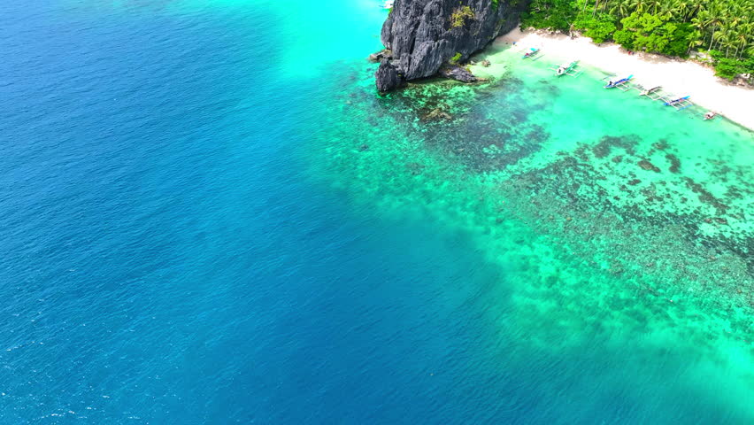 Aerial Tilt Up Shot Of People And Boats At Beach Near Green Trees By Sea On Sunny Day - El Nido, Philippines Royalty-Free Stock Footage #1107485931