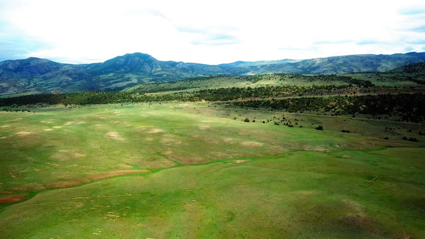 Aerial Shot Of Green Plants And Trees Near Mountain Ranges, Drone Flying Forward Over Landscape Against Cloudy Sky - Billings, Montana