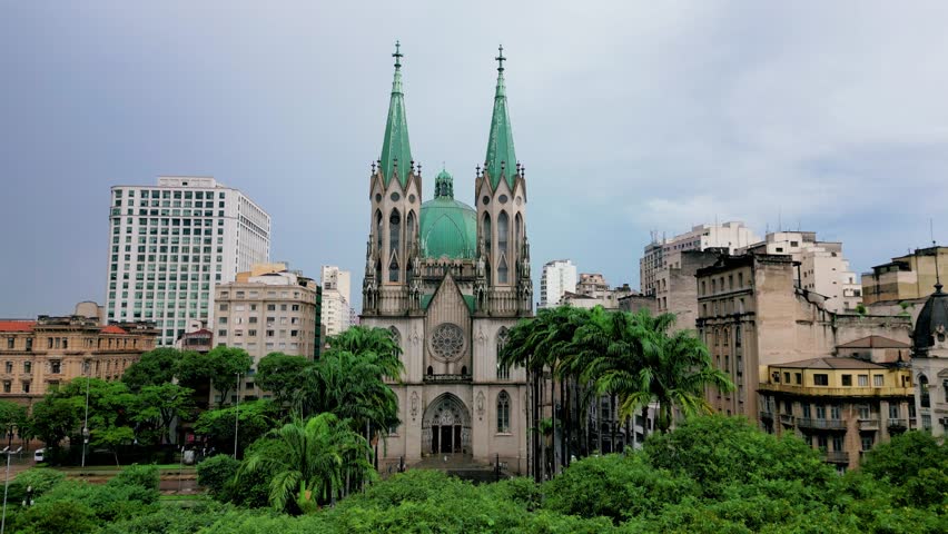 The drone is flying towards the cathedral of Sao Paulo on a cloudy day in Sao Paulo Brazil Aerial Footage 4K