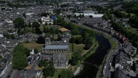 4K: Aerial Drone Video of Kendal in Cumbria, England, UK. Circular shot with the River. Stock Video Clip Footage