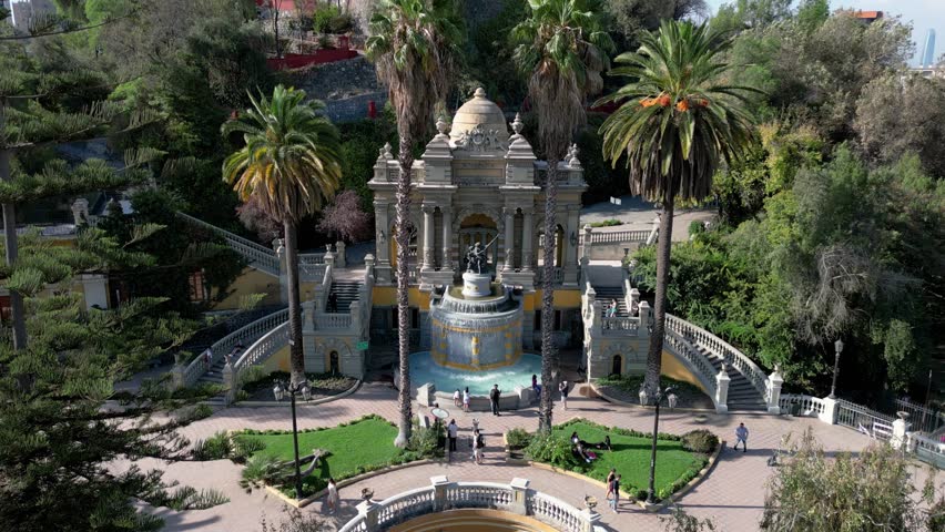 The drone is flying towards the fountain of Santa Lucia Hill in Santiago Chile Aerial Footage 4K Royalty-Free Stock Footage #1107495061
