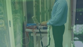 Animation of virtual keyboard data processing over latino male engineer working at server room. Computer interface and business data storage technology concept - Powered by Shutterstock - Get 15% off with code: PIKWIZARD15