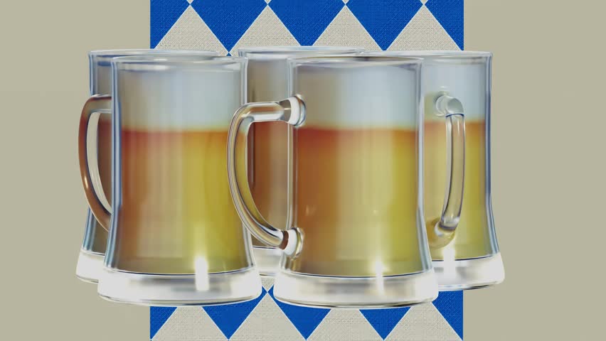 3D animation of beer glasses on the background of fabric  pattern of the Bavarian flag Octoberfest. 4K Royalty-Free Stock Footage #1107495899