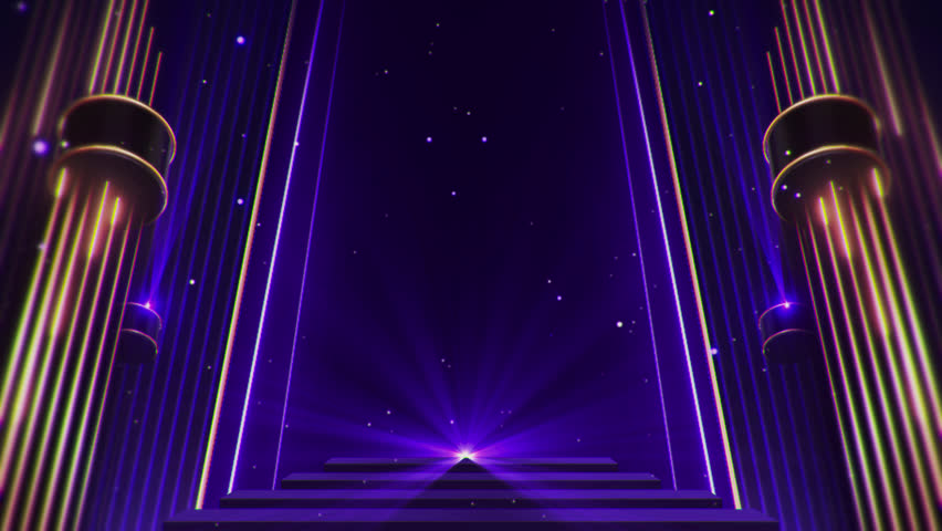Beautiful luxury purple light aura with magical stardust particles flowing,golden grand palace entrance.stairway like a hallway,galaxy tunnel background,for  award ceremony event,loopable,LED,4K Royalty-Free Stock Footage #1107496535