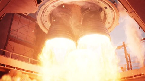 Close-up shot of Rocket Engine Ignition. Powerful and Hot Flames Burst out of the Nozzle after Initial Impulse. Space Exploration Rocket Launch. The Camera underneath the Rocket.  Vídeo Stock